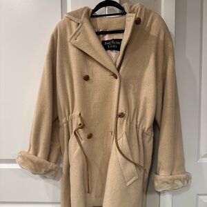 Rare Vintage Anne Klein II Hooded Wool-Blend Coat Tan/Beige, Drawstring Waist